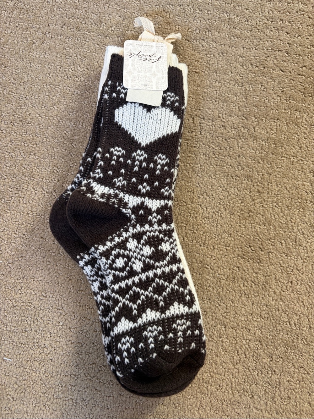 Free People Brown & White Heart Fair Isle Socks- three pair, new